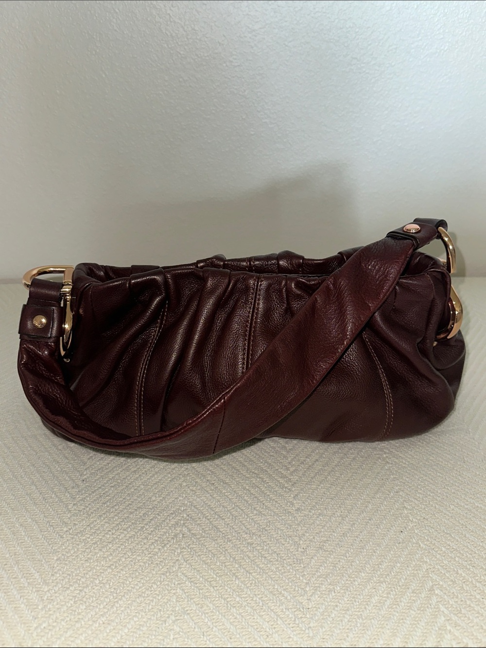 b. Makowsky Dark Burgundy Brown Gathered Hobo Shoulder Bag with Gold Hardware - Picture 2 of 10